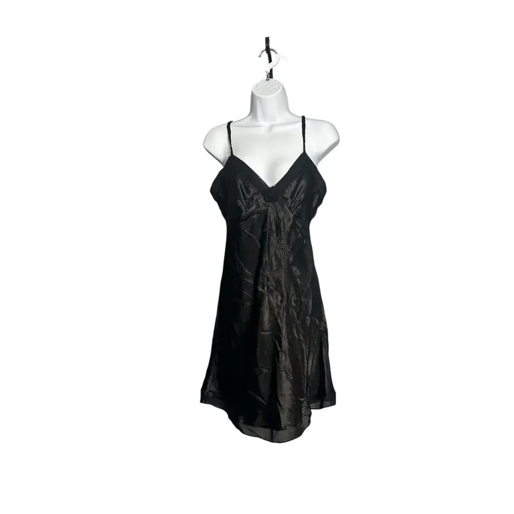 Vintage Madison Intimates Black Satin & Lace Beaded  Nightgown Slip‎ Dress Small